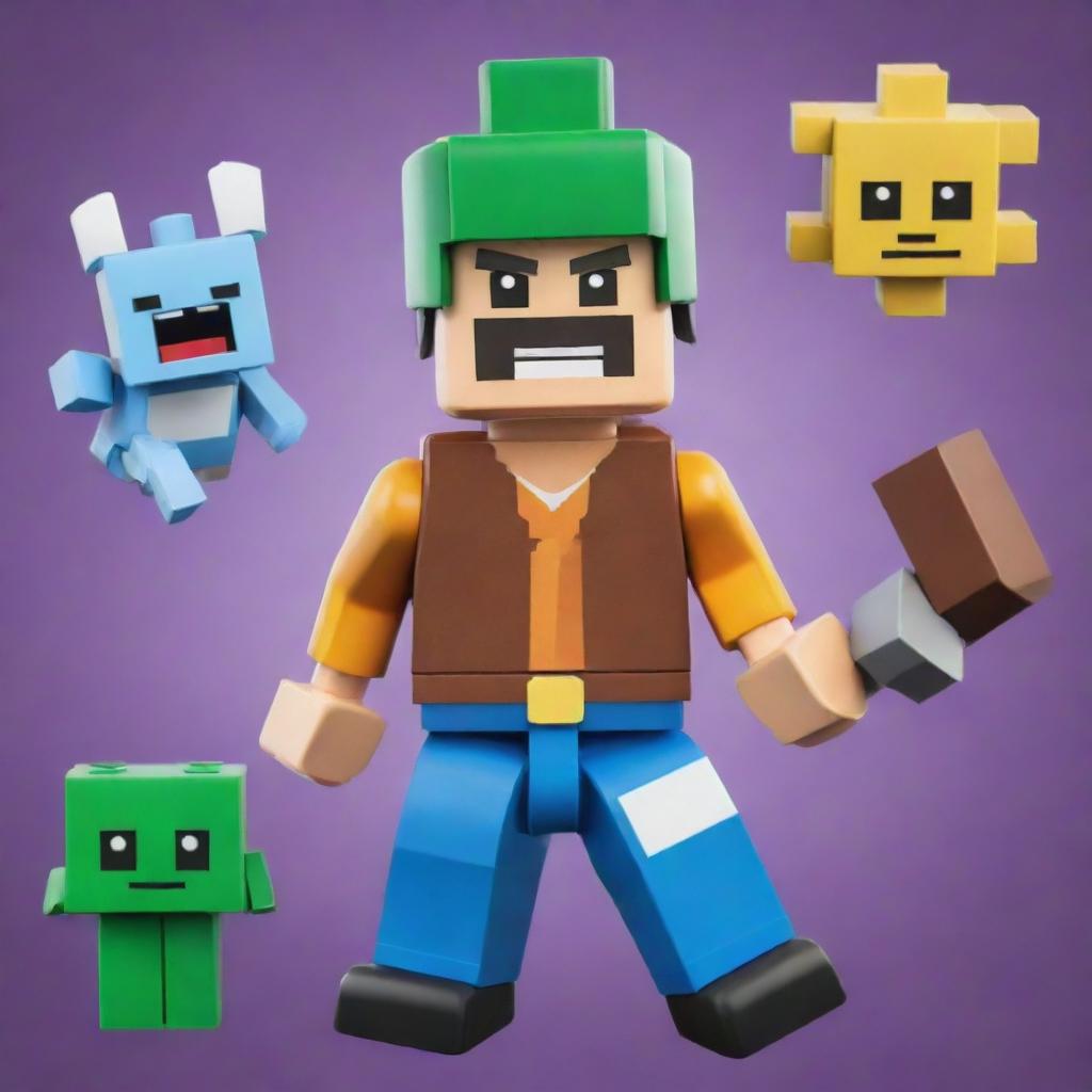 A creative fusion of characters from Roblox, Minecraft, Fortnite, Lego, and Nintendo, amalgamating the distinctive features and styles of each iconic game into one exceptional and unique character.