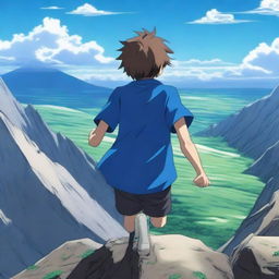 An anime scene viewed from behind, featuring a boy wearing a blue t-shirt falling from the top of a mountain