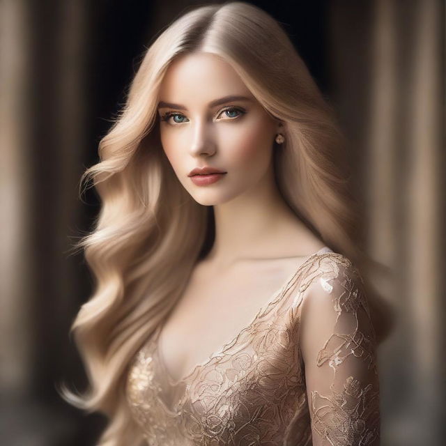 Create an image of a model with long blonde hair and gold eyes