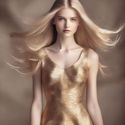 Create an image of a model with long blonde hair and gold eyes