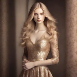 Create an image of a model with long blonde hair and gold eyes