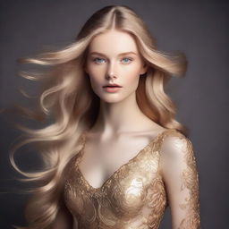 Create an image of a model with long blonde hair and gold eyes