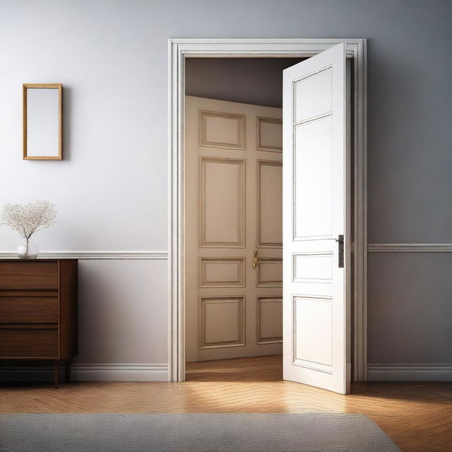 An image of a house with two doors; one door is open with soft light coming out, and the other is closed, reflecting the theme of doors of opportunity and uncertainty