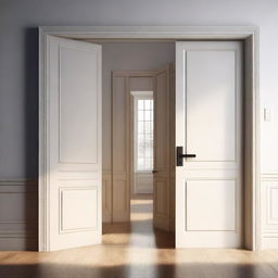 An image of a house with two doors; one door is open with soft light coming out, and the other is closed, reflecting the theme of doors of opportunity and uncertainty