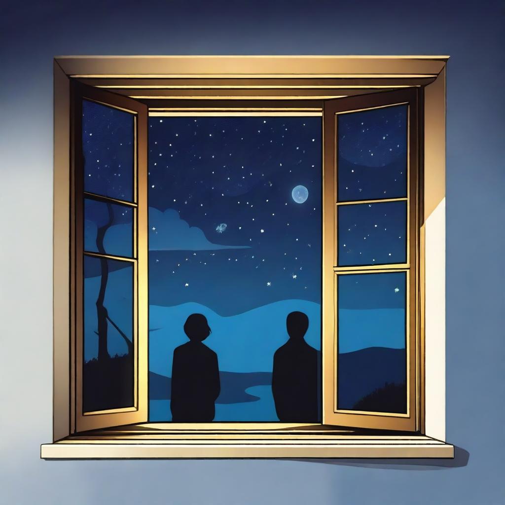 A window with a view of a starry night sky, where inside the room, the silhouettes of a man and a woman can be seen peeking out