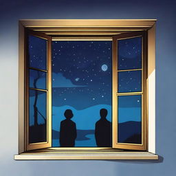 A window with a view of a starry night sky, where inside the room, the silhouettes of a man and a woman can be seen peeking out