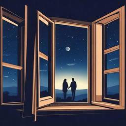 A window with a view of a starry night sky, where inside the room, the silhouettes of a man and a woman can be seen peeking out