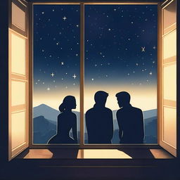 A window with a view of a starry night sky, where inside the room, the silhouettes of a man and a woman can be seen peeking out