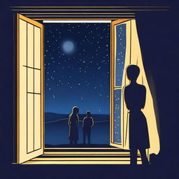 A window with a view of a starry night sky, where inside the room, the silhouettes of a man and a woman can be seen peeking out