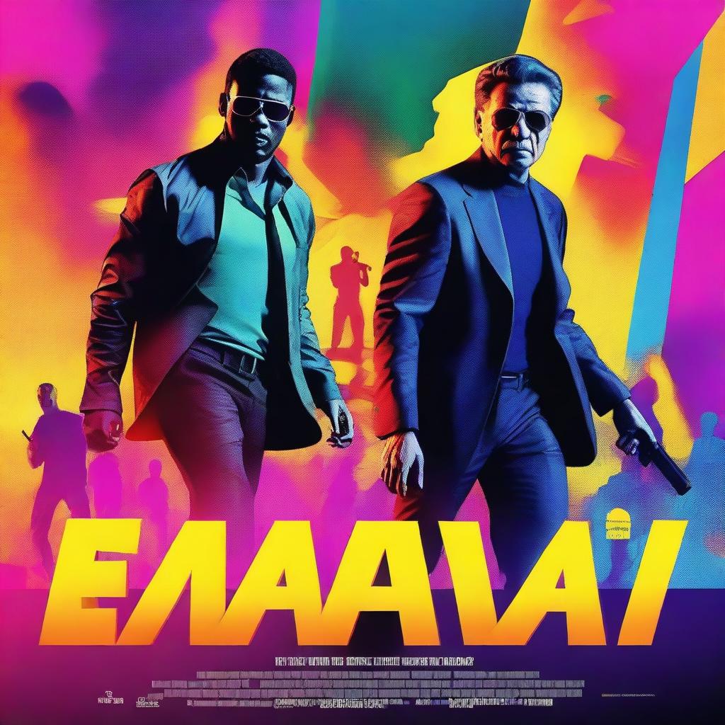 A vibrant and captivating movie poster featuring a dynamic scene with main characters in action, bold typography for the movie title, and a visually striking background