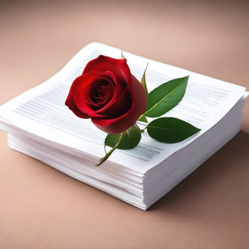 A stack of documents or contracts with a single red rose placed on top