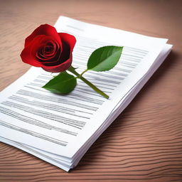 A stack of documents or contracts with a single red rose placed on top