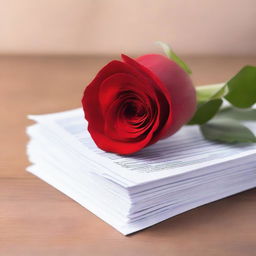 A stack of documents or contracts with a single red rose placed on top