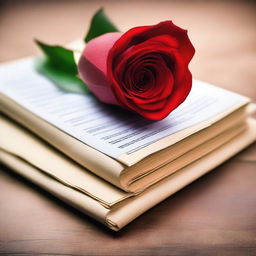 A stack of documents or contracts with a single red rose placed on top