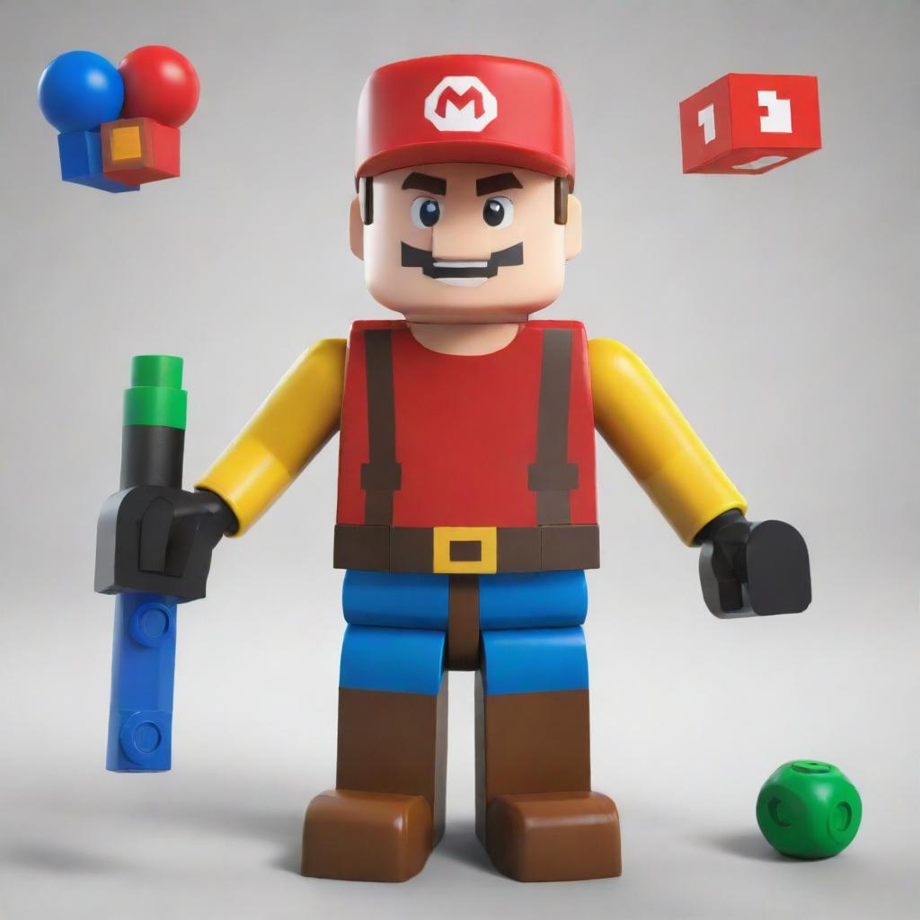 A unique character fusion from Roblox, Minecraft, Fortnite, Lego, Nintendo, and Mario, showcasing key elements from each, delivering a distinct and iconic hybrid that intertwines the breadth of gaming history.