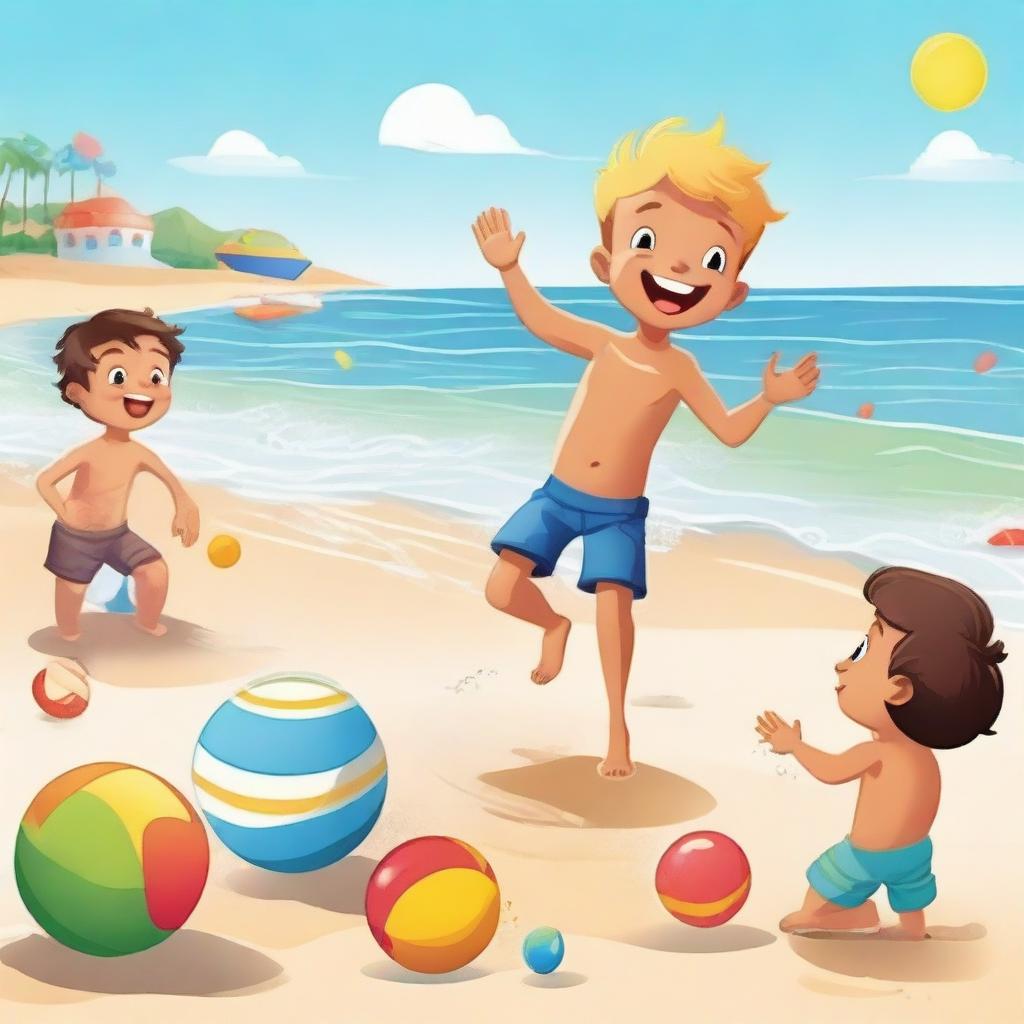 A joyful scene of a little boy on holiday with his friends, playing on the beach in the afternoon