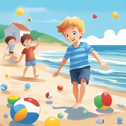 A joyful scene of a little boy on holiday with his friends, playing on the beach in the afternoon