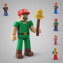 A unique character fusion from Roblox, Minecraft, Fortnite, Lego, Nintendo, and Mario, showcasing key elements from each, delivering a distinct and iconic hybrid that intertwines the breadth of gaming history.