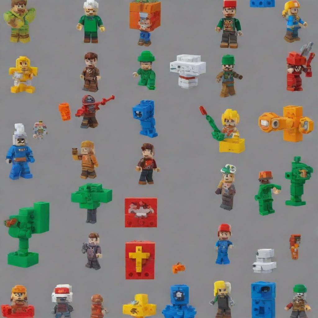 A unique character fusion from Roblox, Minecraft, Fortnite, Lego, Nintendo, and Mario, showcasing key elements from each, delivering a distinct and iconic hybrid that intertwines the breadth of gaming history.