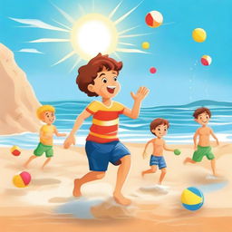 A joyful scene of a little boy on holiday with his friends, playing on the beach in the afternoon