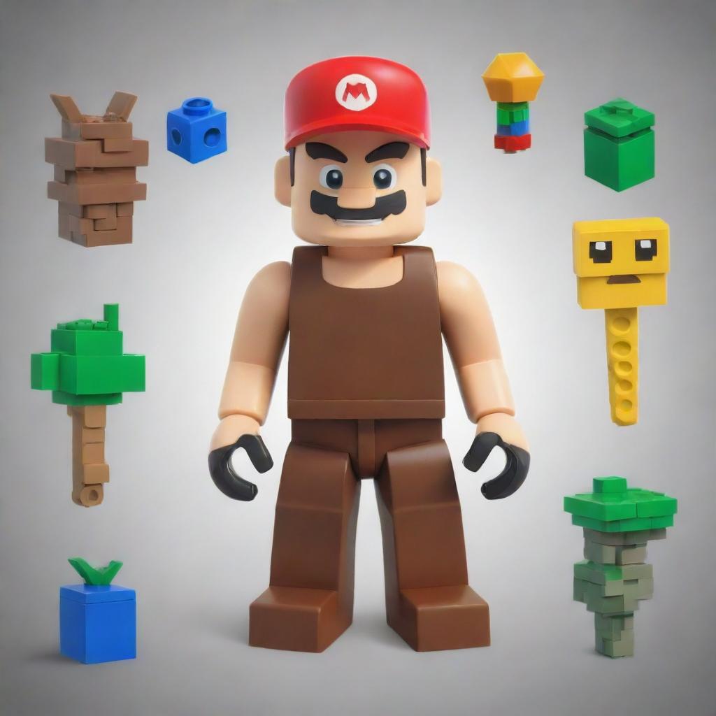 A unique character fusion from Roblox, Minecraft, Fortnite, Lego, Nintendo, and Mario, showcasing key elements from each, delivering a distinct and iconic hybrid that intertwines the breadth of gaming history.