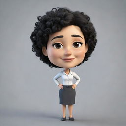 A high-definition cartoon image of a cute, short stature female teacher with curly black hair.