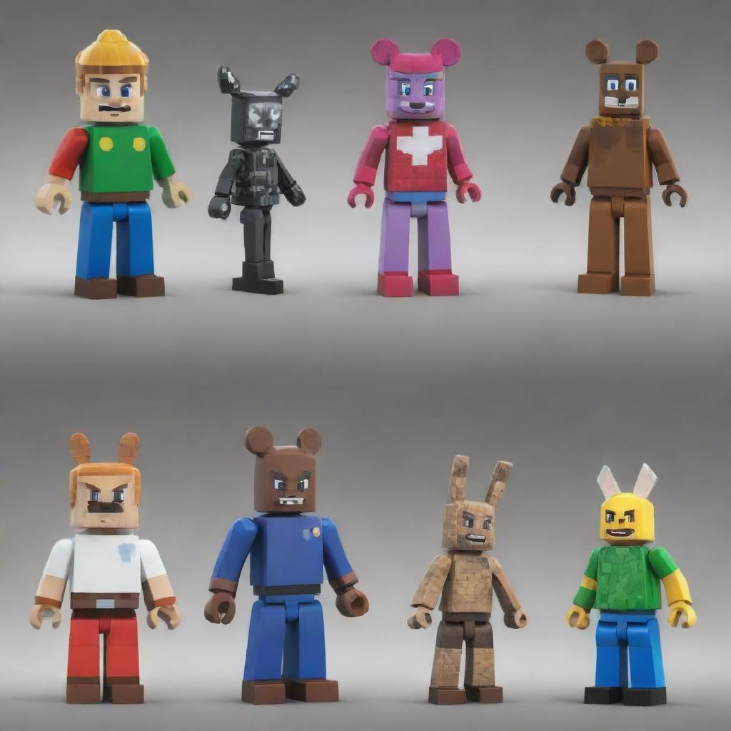 An incredibly unique character fusion from Roblox, Minecraft, Fortnite, Lego, Nintendo, Mario, and Five Nights at Freddy's, highlighting iconic aspects from each game to create a distinct, new and riveting character.