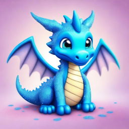 A cute azure blue dragon covered in glittering sprinkles, with a friendly expression and playful pose