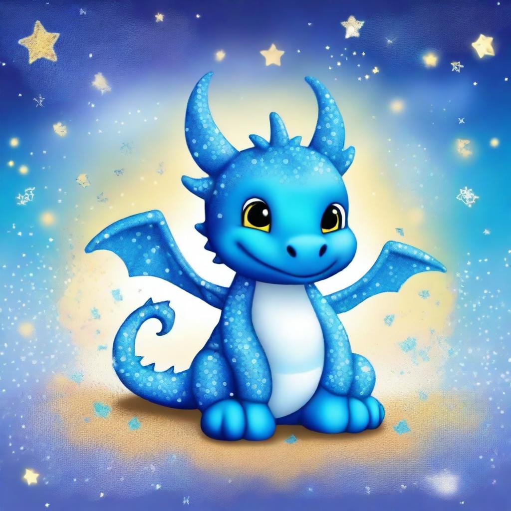 A cute azure blue dragon covered in glittering sprinkles with a striped belly of azure blue and white