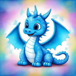 A cute azure blue dragon covered in glittering sprinkles with a striped belly of azure blue and white