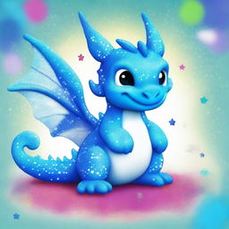 A cute azure blue dragon covered in glittering sprinkles with a striped belly of azure blue and white