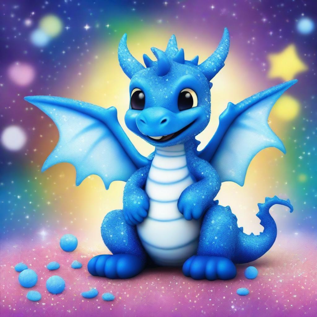 A cute azure blue dragon covered in glittering sprinkles with a striped belly of azure blue and white