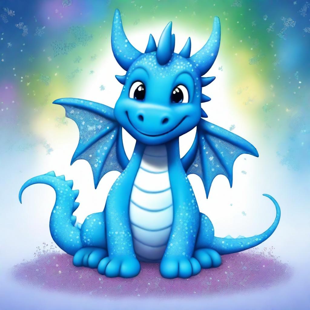 A cute azure blue dragon covered in glittering sprinkles with a striped belly of azure blue and white