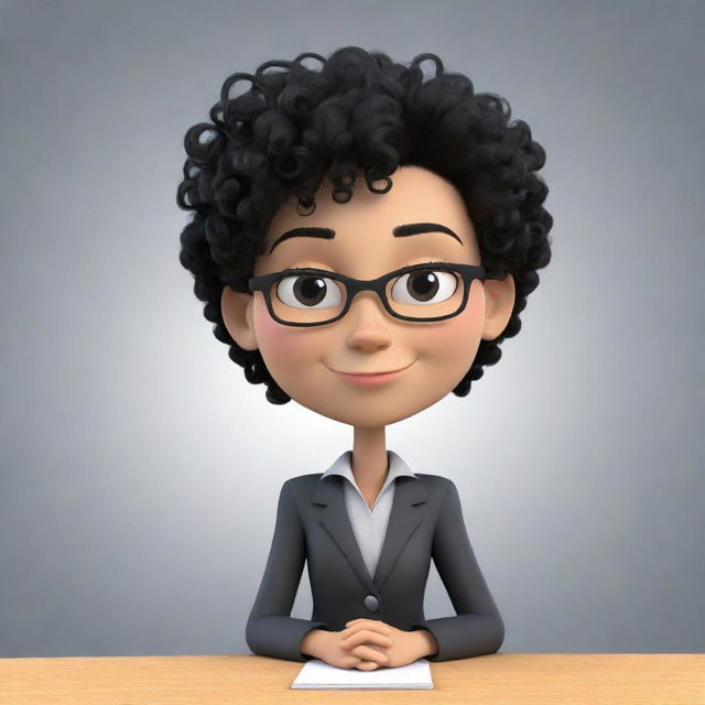 A high-definition cartoon image of a cute, short stature female teacher with curly black hair.