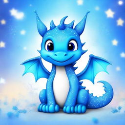 A cute azure blue dragon covered in glittering sprinkles with a striped belly of azure blue and white