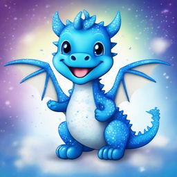 A cute azure blue dragon covered in glittering sprinkles with a striped belly of azure blue and white