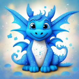 A cute azure blue dragon covered in glittering sprinkles with a striped belly of azure blue and white