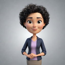 A high-definition cartoon image of a cute, short stature female teacher with curly black hair.