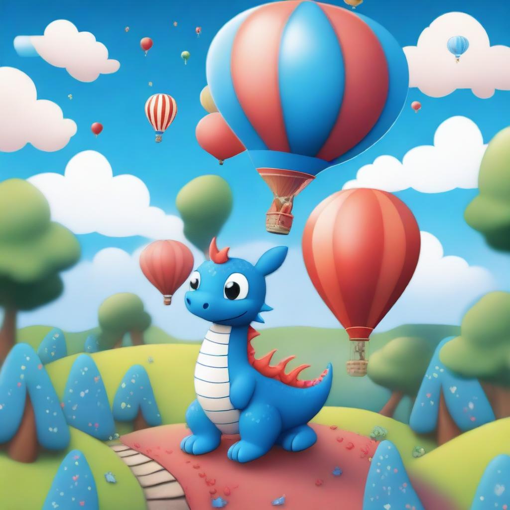 A whimsical scene featuring a castle in the background, a red hot air balloon floating in the sky, and a dense forest