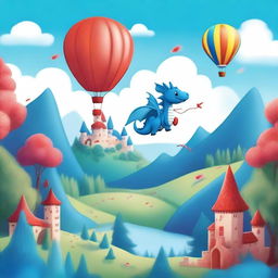 A whimsical scene featuring a castle in the background, a red hot air balloon floating in the sky, and a dense forest