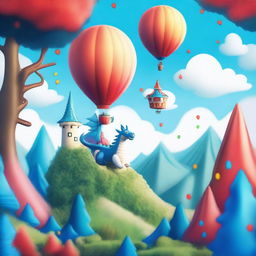 A whimsical scene featuring a castle in the background, a red hot air balloon floating in the sky, and a dense forest