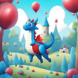 A whimsical scene featuring a castle in the background, a red hot air balloon floating in the sky, and a dense forest