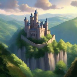 A majestic castle perched on a hill, surrounded by a dense, lush forest