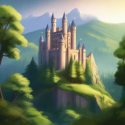 A majestic castle perched on a hill, surrounded by a dense, lush forest