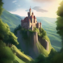 A majestic castle perched on a hill, surrounded by a dense, lush forest