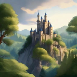 A majestic castle perched on a hill, surrounded by a dense, lush forest