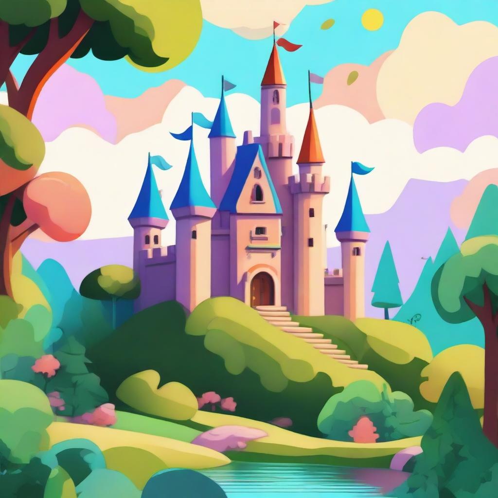 A whimsical cartoon-style castle perched on a hill, surrounded by a dense, lush forest