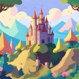 A whimsical cartoon-style castle perched on a hill, surrounded by a dense, lush forest