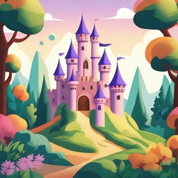 A whimsical cartoon-style castle perched on a hill, surrounded by a dense, lush forest