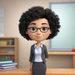 A high-definition cartoon image of a cute, short stature female teacher with curly black hair.